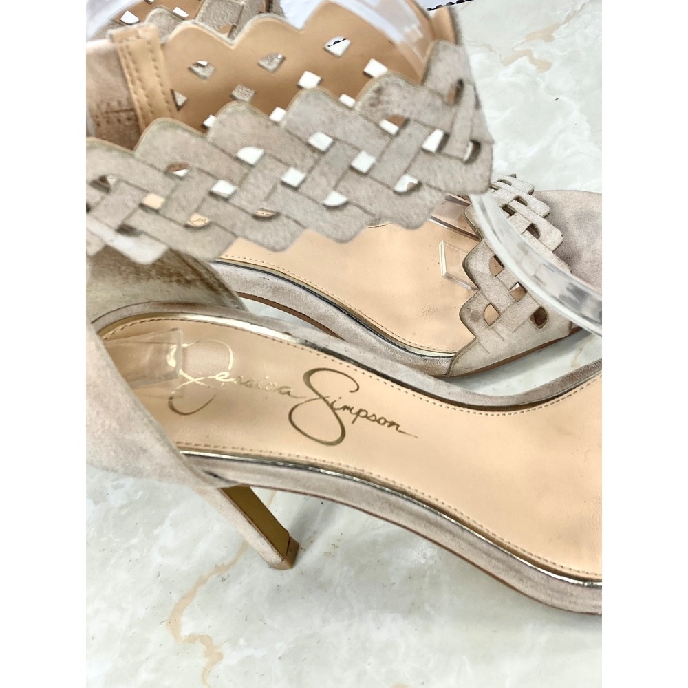 Jessica Simpson Ankle Strap Stiletto Heels Womens 7 Beige Leather Cutout Sandals - Picture 13 of 13
